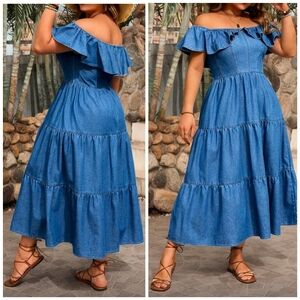 New Boho Denim Off Shoulder Tiered Ruffle Long Dress PLUS Cotton Blend Blue